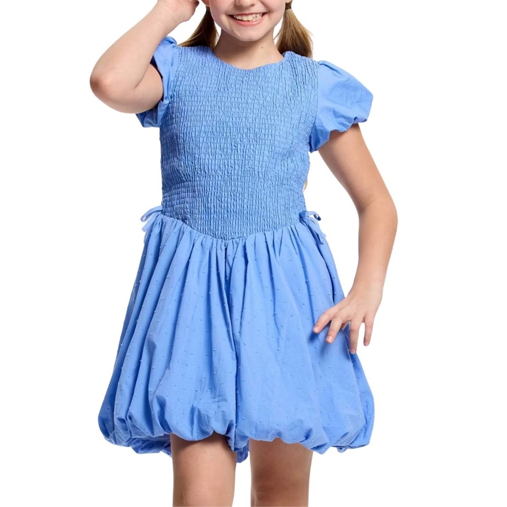 Owillo Smocked Swiss Dot Puff Sleeve Bubble Hem Dress